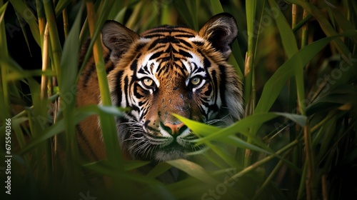 A Sumatran tiger hidden amidst the tall grasses of Sumatra s lowlands  its striped fur blending seamlessly with the surroundings.
