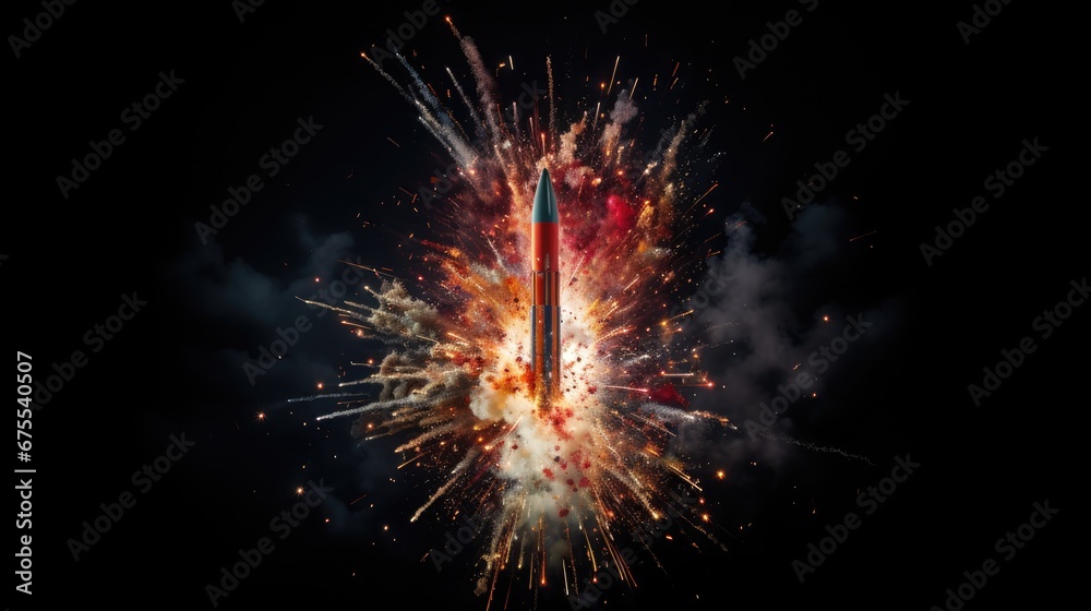 a red and white firework in the dark with lots of smoke coming out of the top of the tower. generative ai a red and white firework in the dark with lots of smoke coming out of the top of the tower. generative ai
