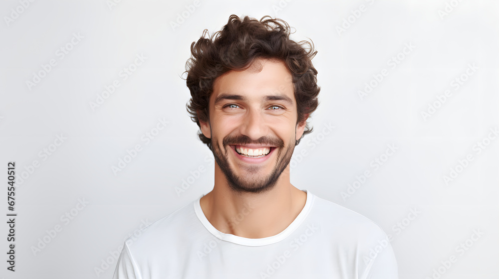 Portrait of authentic happy man without makeup, smiling at camera, standing cute against white background Portrait of authentic happy man without makeup, smiling at camera, standing cute against white background