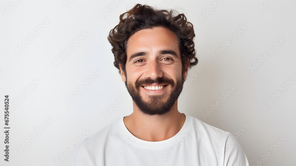 Obraz premium Portrait of authentic happy man without makeup, smiling at camera, standing cute against white background