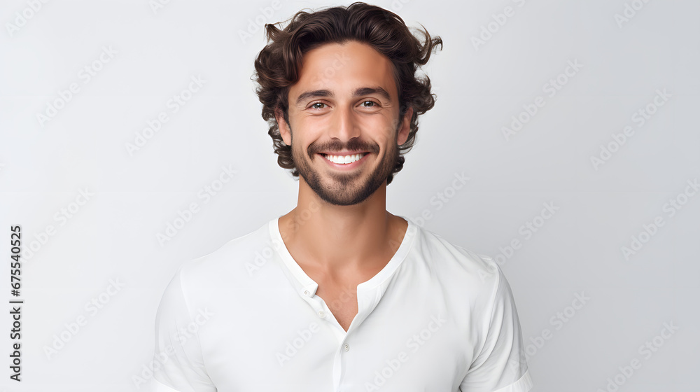 Obraz premium Portrait of authentic happy man without makeup, smiling at camera, standing cute against white background