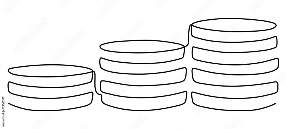 Coins stack continuous one line drawing. Business money symbol concept. Vector illustration isolated on white. Coins stack continuous one line drawing. Business money symbol concept. Vector illustration isolated on white.