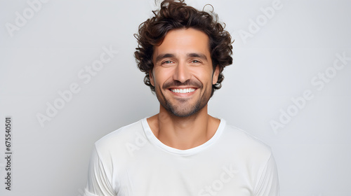 Portrait of authentic happy man without makeup, smiling at camera, standing cute against white background © plaksa