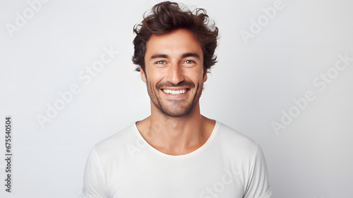 Portrait of authentic happy man without makeup, smiling at camera, standing cute against white background