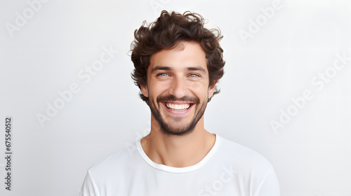 Portrait of authentic happy man without makeup, smiling at camera, standing cute against white background