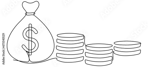 Money bag with dollar coins stack continuous one line drawing. Business concept. Vector illustration isolated on white.