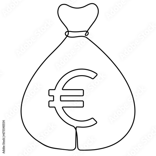 Money bag continuous one line drawing. Business euro sign concept. Vector illustration isolated on white.