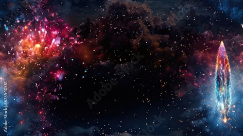  a computer generated image of a space station in the middle of a galaxy with a rocket in the foreground and stars in the background. generative ai