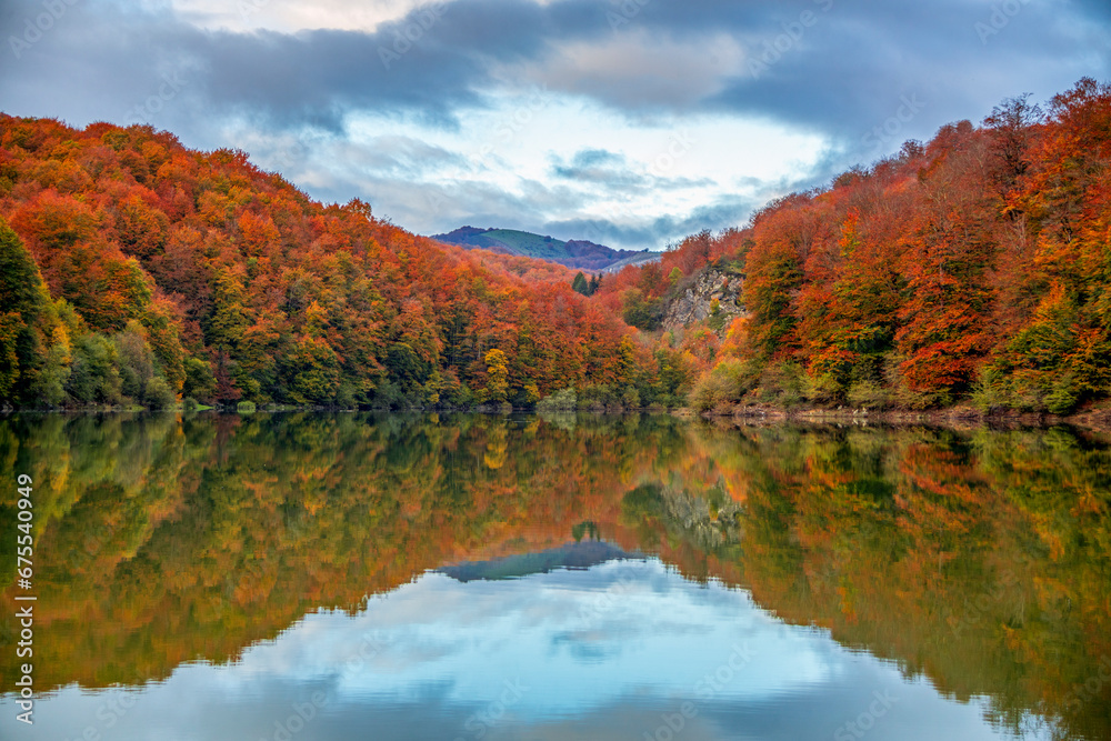 Beautiful beech and fir forest in autumn reflected in the water of a lake in the Selva de Irati, Navarra, Spain with blue sky and in perfect symmetry Beautiful beech and fir forest in autumn reflected in the water of a lake in the Selva de Irati, Navarra, Spain with blue sky and in perfect symmetry