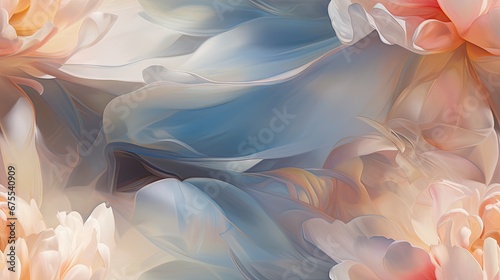  a painting of pink and white flowers on a blue and beige background with a white and pink flower in the center of the image.  generative ai