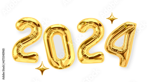 Gold balloon 2024 isolated on white background. Horizontal banner for Christmas or New Year. EPS 10.