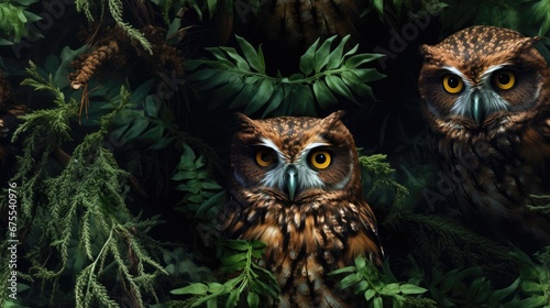  a couple of owls sitting on top of a lush green forest covered in lots of leafy green plants next to each other.  generative ai