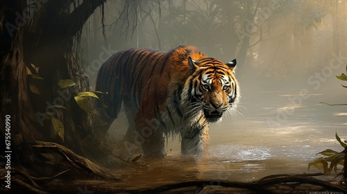 A Sumatran tiger prowling through a misty, mystical mangrove swamp, shrouded in atmospheric fog. photo
