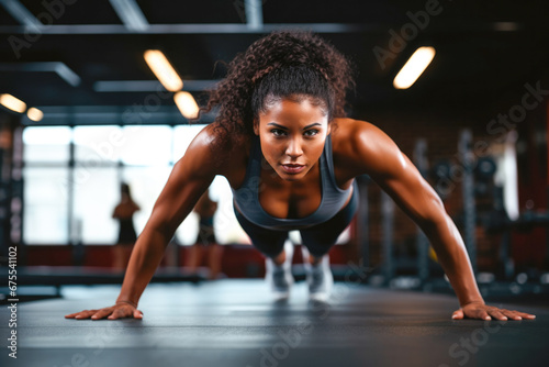 African american young woman doing push ups in the gym with strong muscular arms