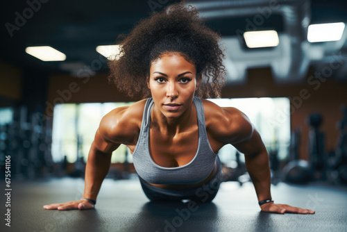 African american young woman doing push ups in the gym with strong muscular arms