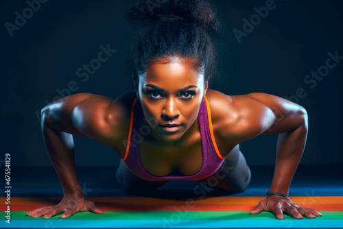 African american young woman doing push ups in the gym with strong muscular arms © MVProductions
