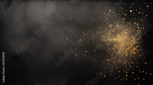 Closeup of black wall with golden glitter on isolated black background with space for text or design