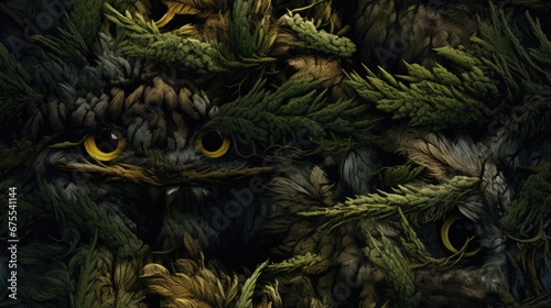  a close up of a bunch of pine needles with yellow eyes and a green leafy tree in the background.  generative ai photo