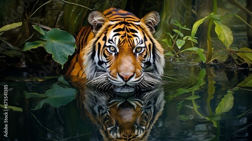 A Sumatran tiger's reflection mirrored in the crystal-clear waters of a jungle river. © Faisal Ai