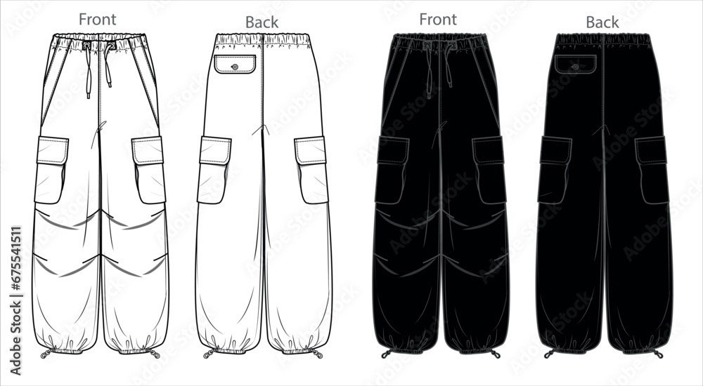 Vector woman fleece jogger technical drawing, utility style pants with waistband and side pockets detail fashion CAD, template, sketch, flat. Woman cargo trousers with front, back view, white color - obrazy, fototapety, plakaty 