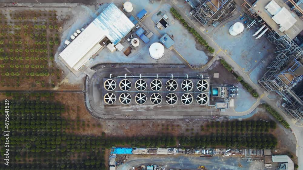 Aerial shot of cooling tower of combine cycle powerplant, Top down