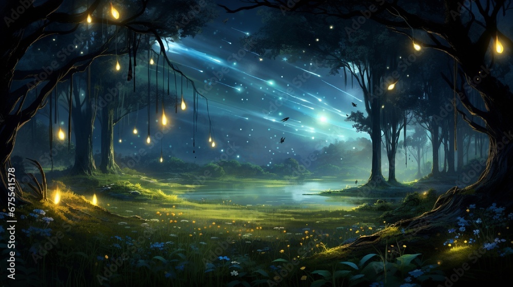 A swarm of fireflies creating a magical, glowing spectacle in a moonlit meadow.