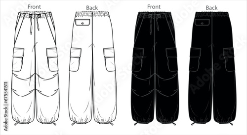Vector woman fleece jogger technical drawing, utility style pants with waistband and side pockets detail fashion CAD, template, sketch, flat. Woman cargo trousers with front, back view, white color photo
