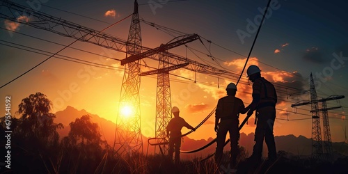 Construction of the extension of high-voltage towers on blurred city nature background