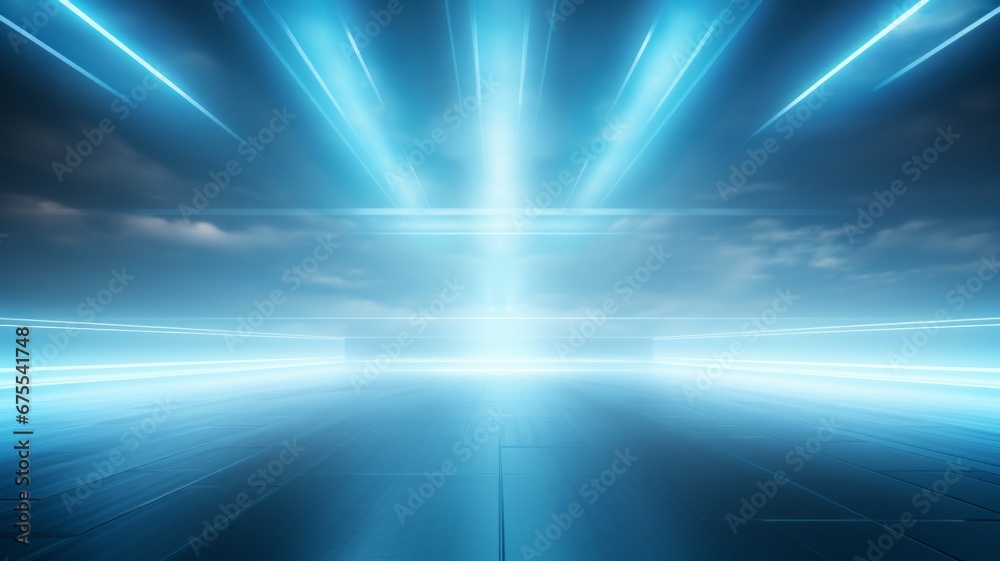 A bright empty background, with blue and teal abstract horizon line forms comming towards camera, an empty bright scene, neon lights, spotlights, fog