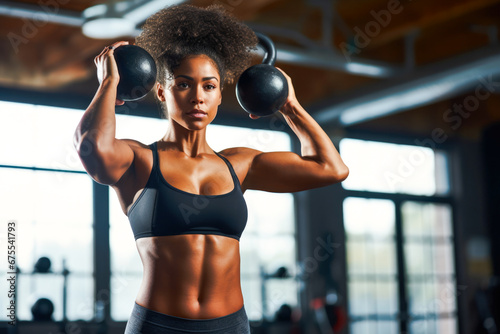 Strong determined young African American woman in fitness industry getting ready for training her upper body muscles
