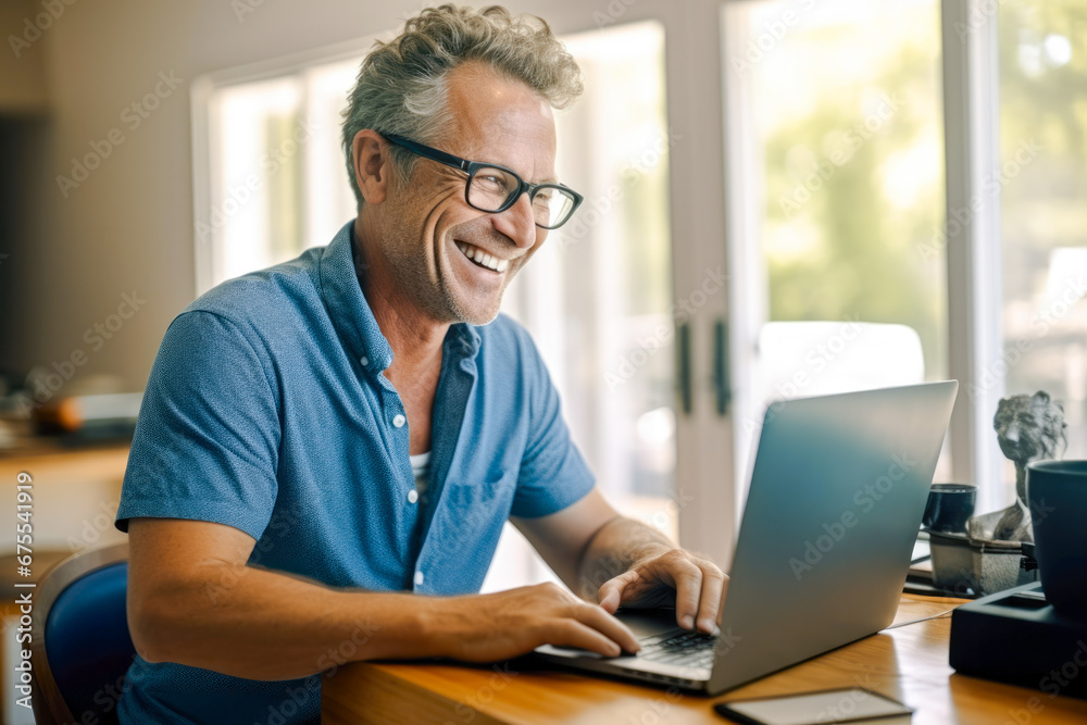Portrait of a laughing middle-aged man working from home on his laptop having a conference meeting with a client Portrait of a laughing middle-aged man working from home on his laptop having a conference meeting with a client