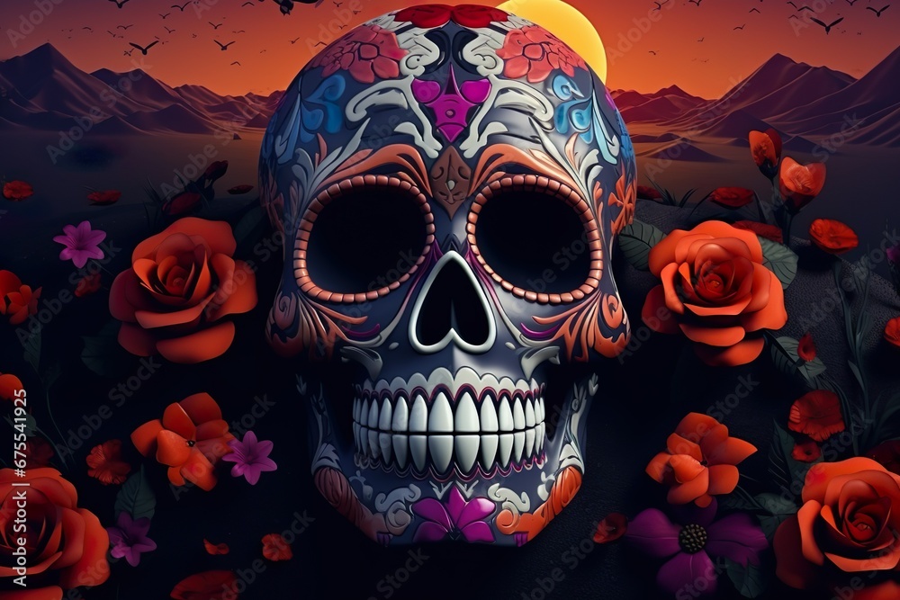 Day of Dead Mexico Celebration Illustration Noche de los Muertos: Mexican Skull with Flowers under the Full Moon Landscape Day of Dead Mexico Celebration Illustration Noche de los Muertos: Mexican Skull with Flowers under the Full Moon Landscape