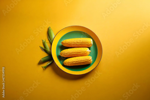 3 corns in a plate on a yellow background. Top view. - Generative AI