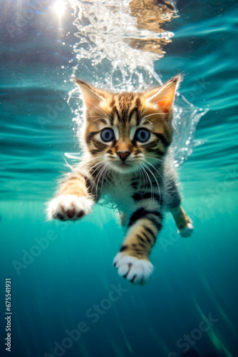 Kitty cat swimming under water in the ocean.
