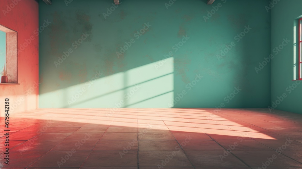 empty parking garage background with dappled light streaking across the floor and walls, muted cyan and red tones, cyc, empty, fog, smoke, abstract