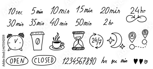 Time period handwritten labels. Break drawn black line vector icons.