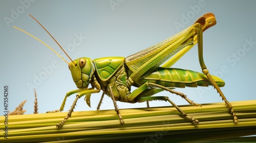  a close up of a grasshopper on top of a stalk of grass with a blue sky in the background. generative ai
