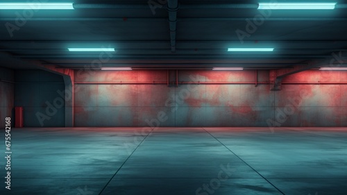empty parking garage background with dappled light streaking across the floor and walls, muted cyan and red tones, cyc, empty, fog, smoke, abstract © Bird Visual
