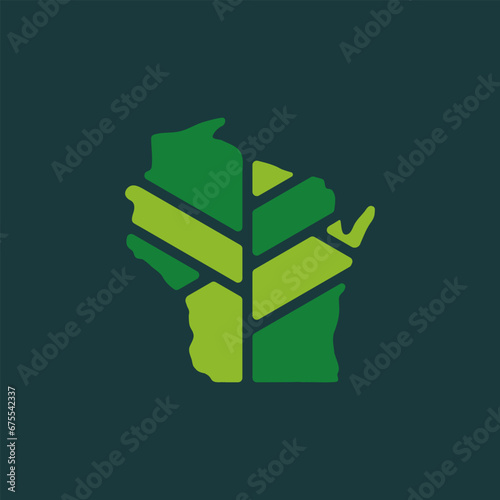Wisconsin map plant leaf logo. Creative eco and nature organic logo design template.