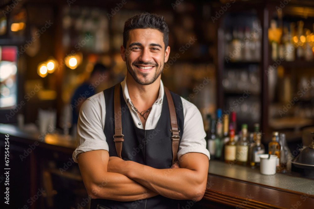 Portrait of a proud and happy bartender in a traditional pub, displaying professionalism and a welcoming atmosphere