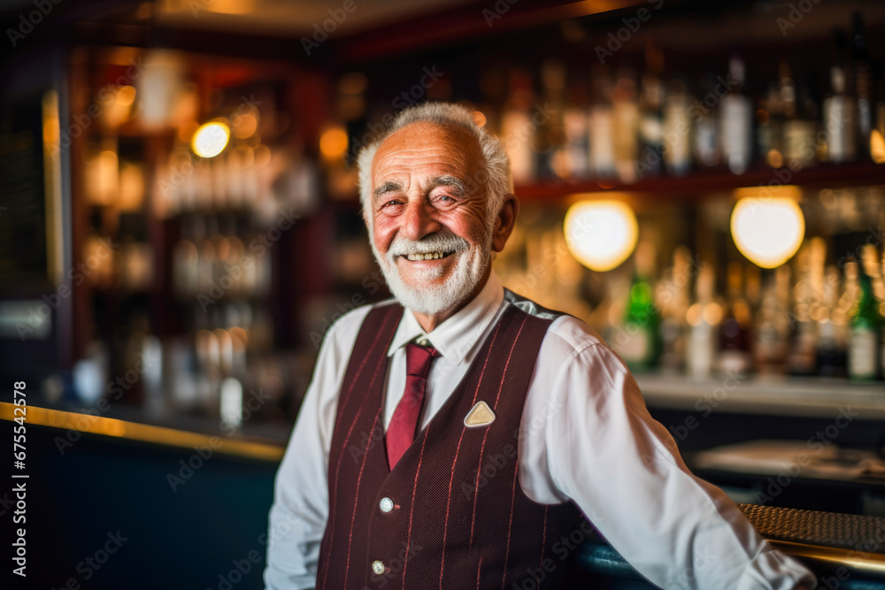 Portrait of a proud older bartender in a traditional pub, displaying professionalism and a welcoming atmosphere Portrait of a proud older bartender in a traditional pub, displaying professionalism and a welcoming atmosphere