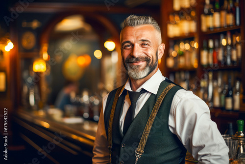 Portrait of a proud and happy bartender in a traditional pub, displaying professionalism and a welcoming atmosphere