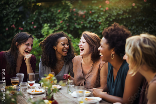 A diverse group of women sharing laughter and stories at a  Sisterhood  gathering  celebrating friendship and connection  creativity with copy space