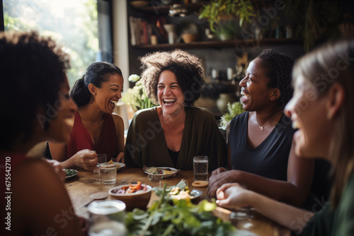 A diverse group of women sharing laughter and stories at a "Sisterhood" gathering, celebrating friendship and connection, creativity with copy space