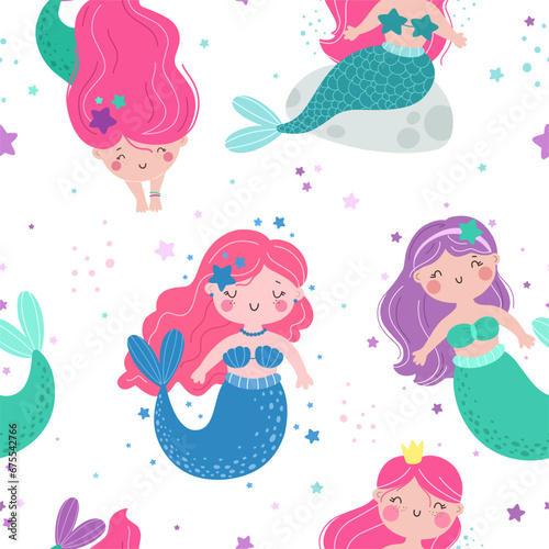 Seamless pattern with cute cartoon mermaids, children's vector pattern in flat style.