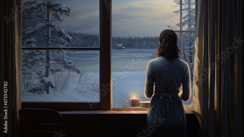 a woman gazing out of a window at a snow-covered outdoor scene, the coziness of an indoor space and the contrast with the cold winter landscape beyond the glass.