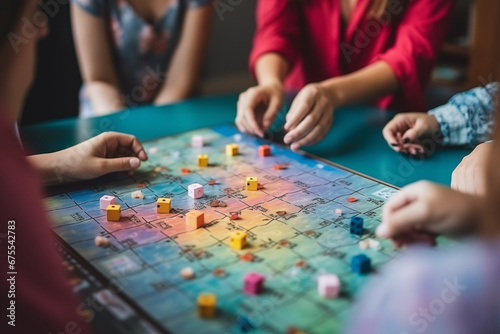 Friends playing a board game, showcasing fun and togetherness, creativity with copy space