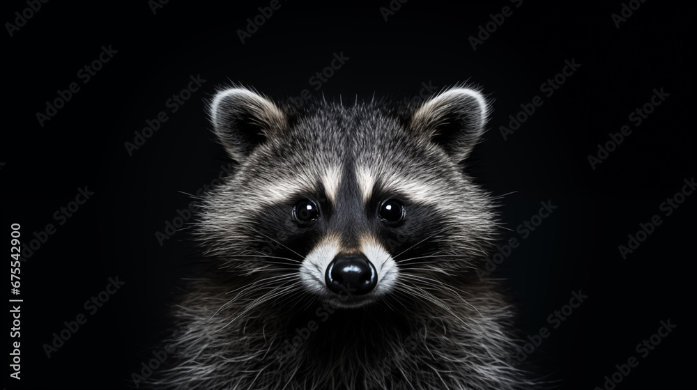 Portrait of a raccoon on black background. Minimalistic style. AI generated content.
