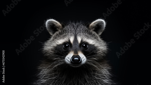 Portrait of a raccoon on black background. Minimalistic style. AI generated content.