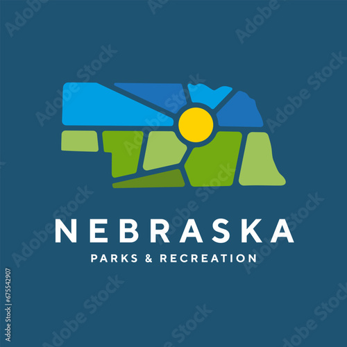 Creative nature logo for Nebraska, USA. Badge for parks and recreation. Sun vintage logo vector concept, icon, element, and template for company